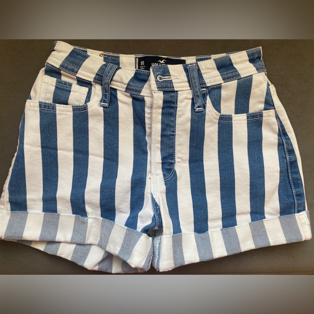 Blue and white striped jean shorts from Hollister